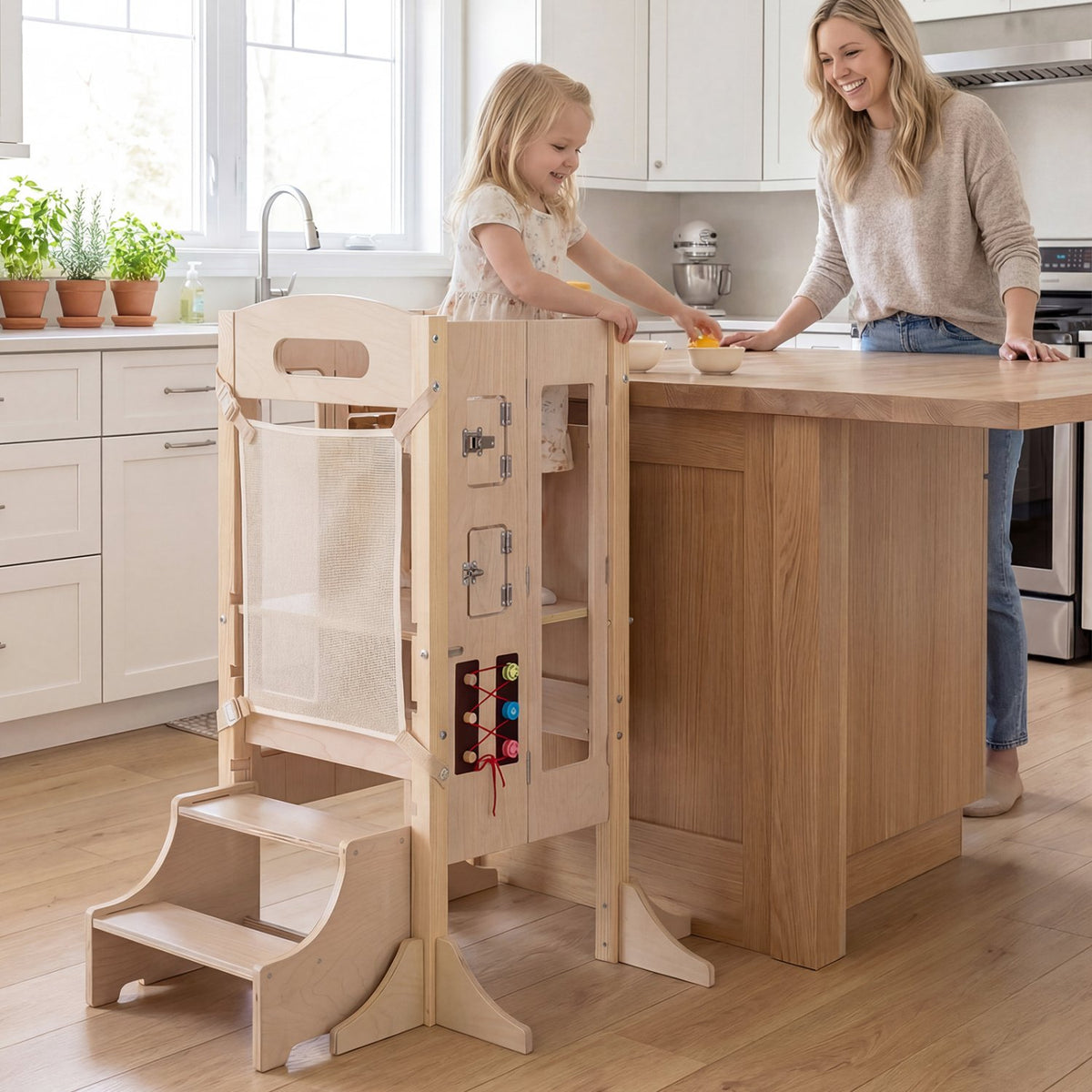 Foldable Toddler Step Stool Wooden Kitchen Standing Tower with 2-Step Stool view 2