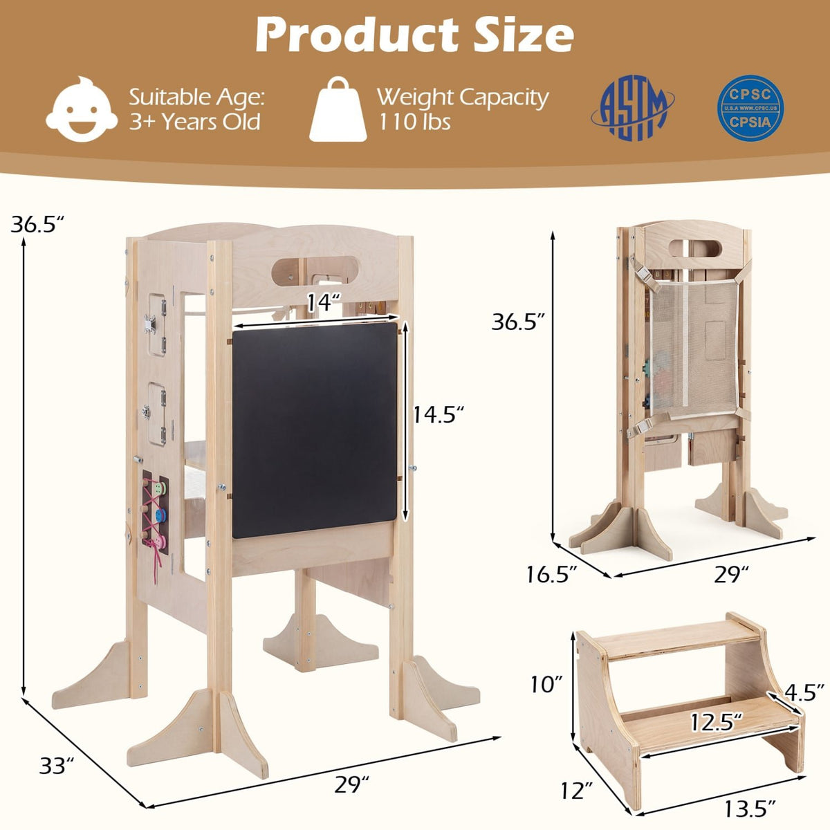Foldable Toddler Step Stool Wooden Kitchen Standing Tower with 2-Step Stool view 4