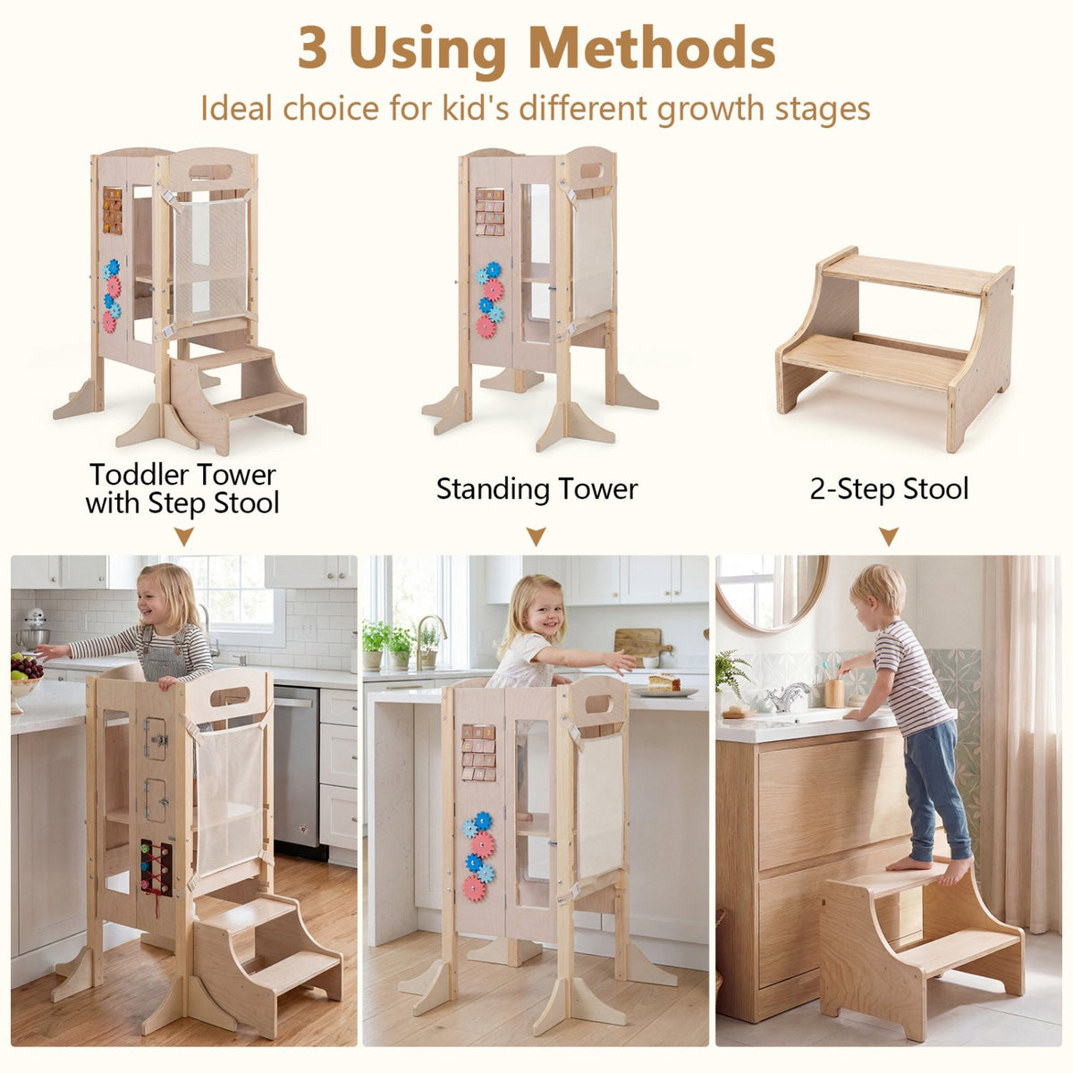 Foldable Toddler Step Stool Wooden Kitchen Standing Tower with 2-Step Stool view 6