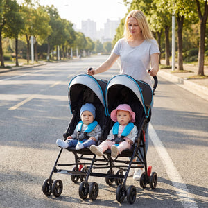 Foldable Twin Baby Double Stroller Ultralight Umbrella Kids Stroller-Navy view 2