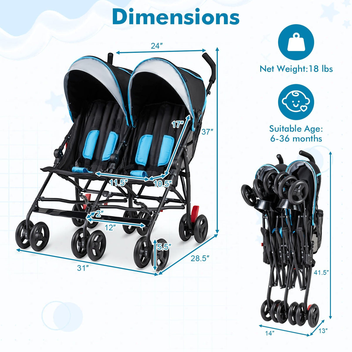 Foldable Twin Baby Double Stroller Ultralight Umbrella Kids Stroller-Navy view 5