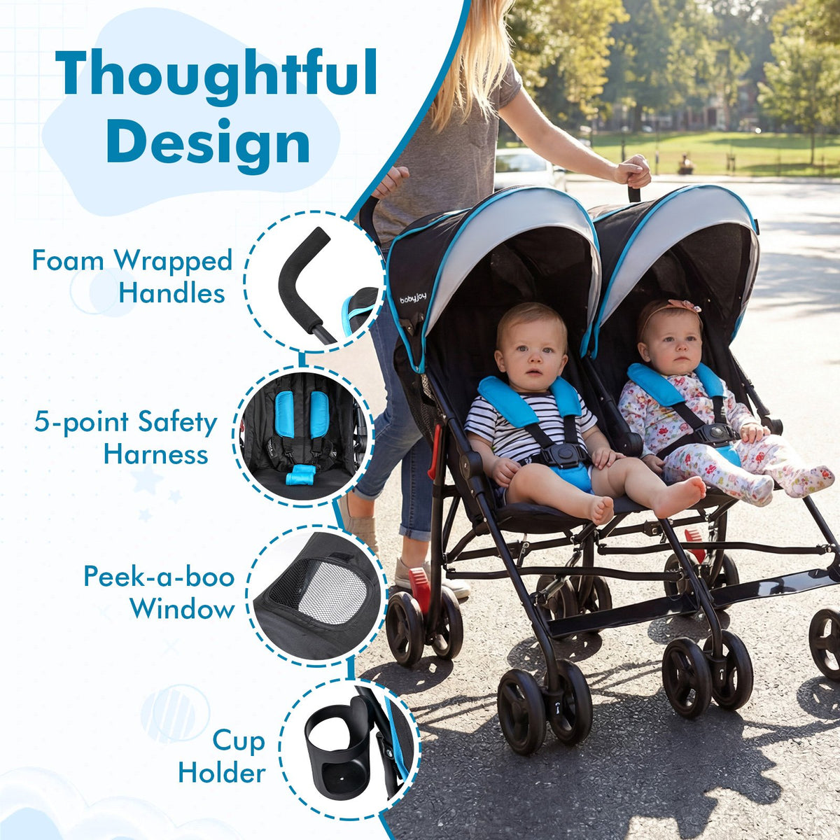 Foldable Twin Baby Double Stroller Ultralight Umbrella Kids Stroller-Navy view 6