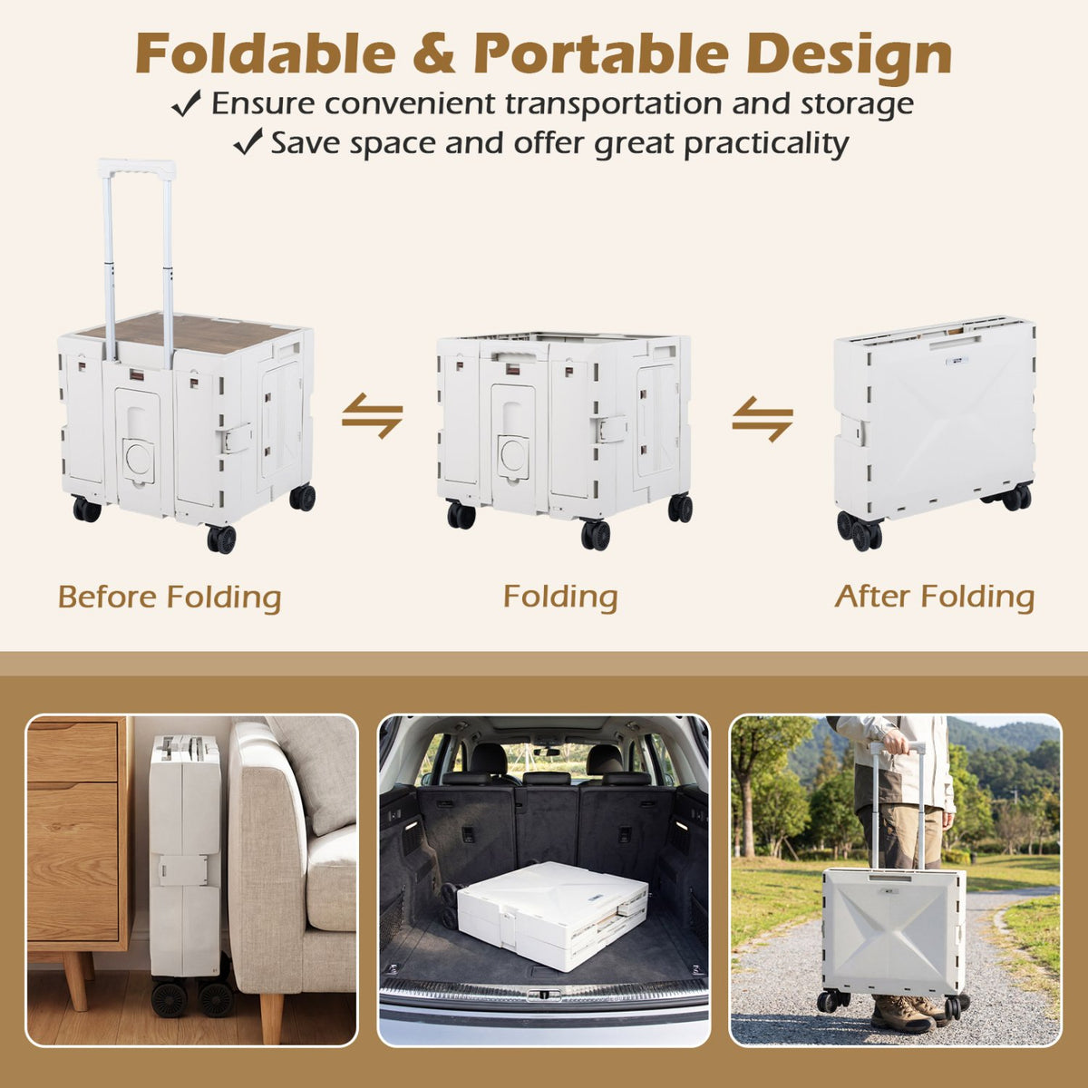 Foldable Utility Cart on 4 Rotate Wheels with Cup Holder-White view 5