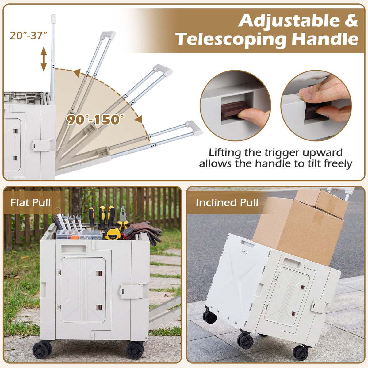 Foldable Utility Cart on 4 Rotate Wheels with Cup Holder-White view 7