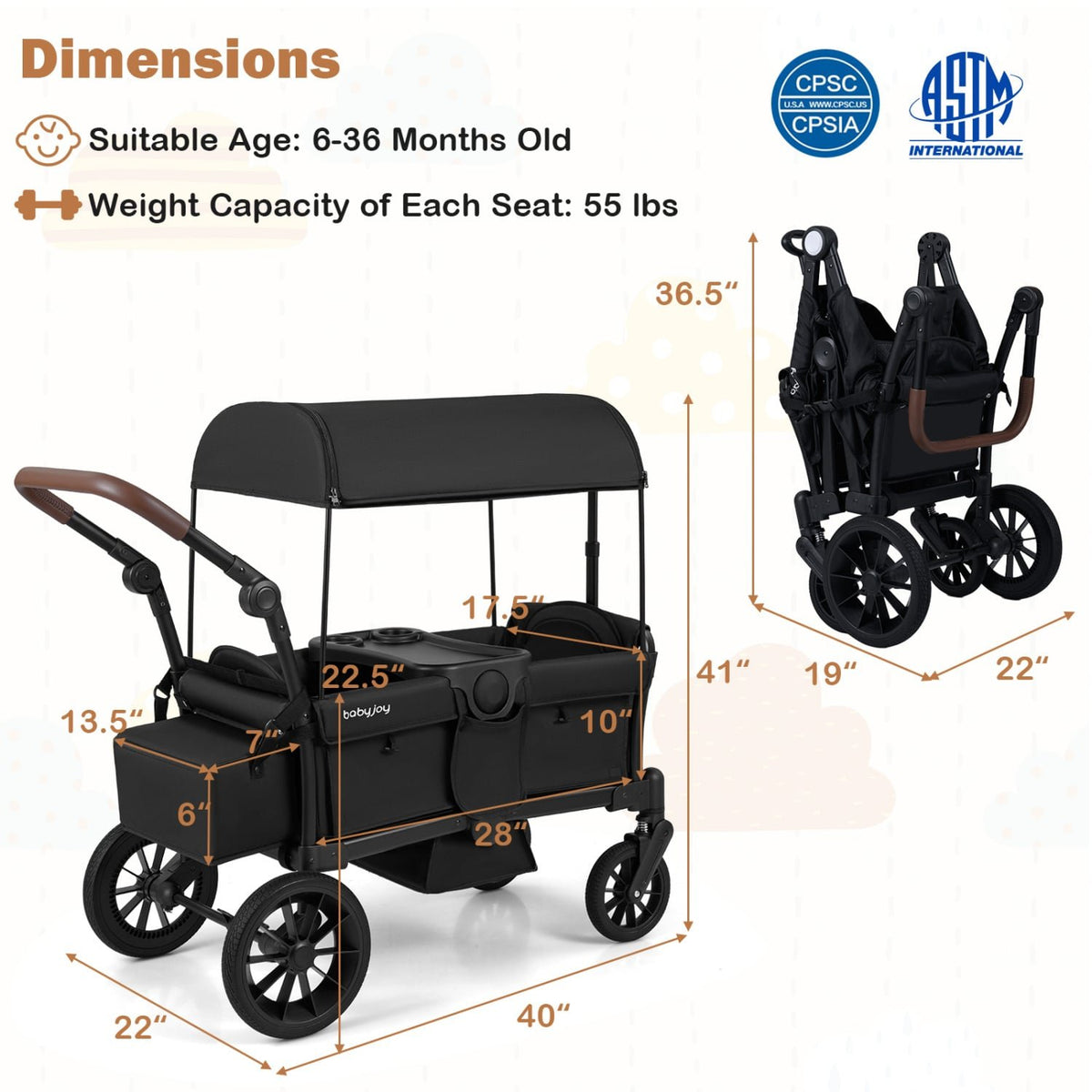 Foldable Wagon Stroller for 2 Kids Double Seater Toddler Stroller with Removable Canopy-Black view 2