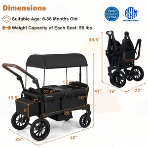 Foldable Wagon Stroller for 2 Kids Double Seater Toddler Stroller with Removable Canopy-Black view 2