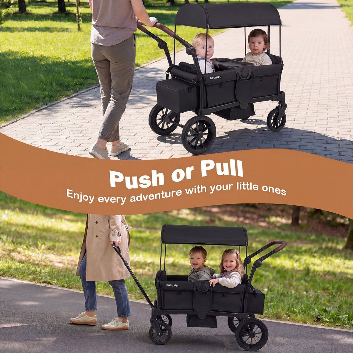 Foldable Wagon Stroller for 2 Kids Double Seater Toddler Stroller with Removable Canopy-Black view 3