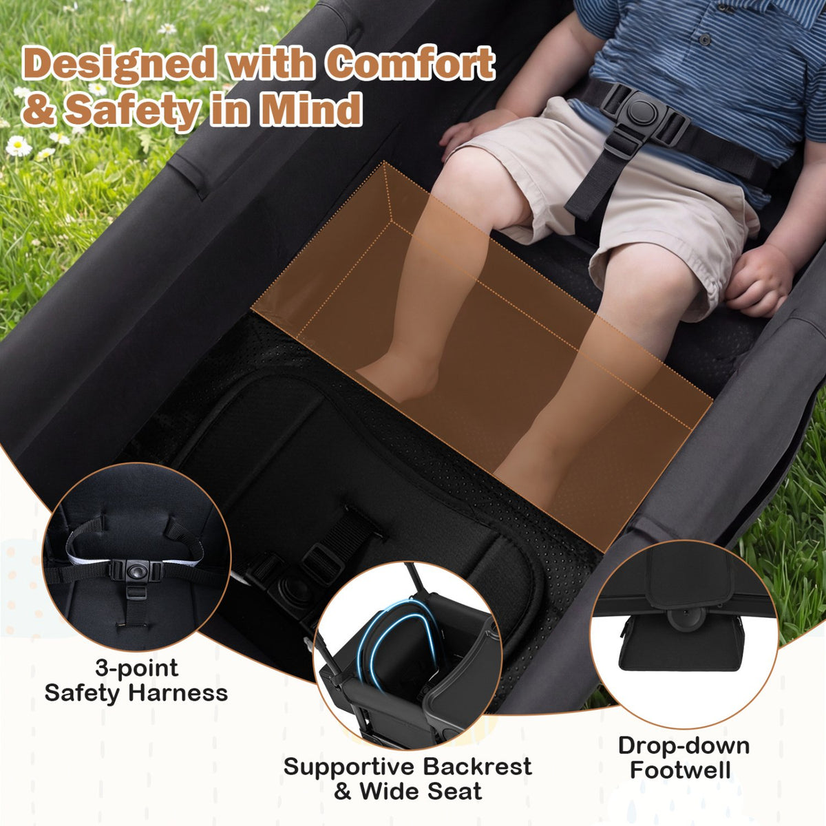 Foldable Wagon Stroller for 2 Kids Double Seater Toddler Stroller with Removable Canopy-Black view 5