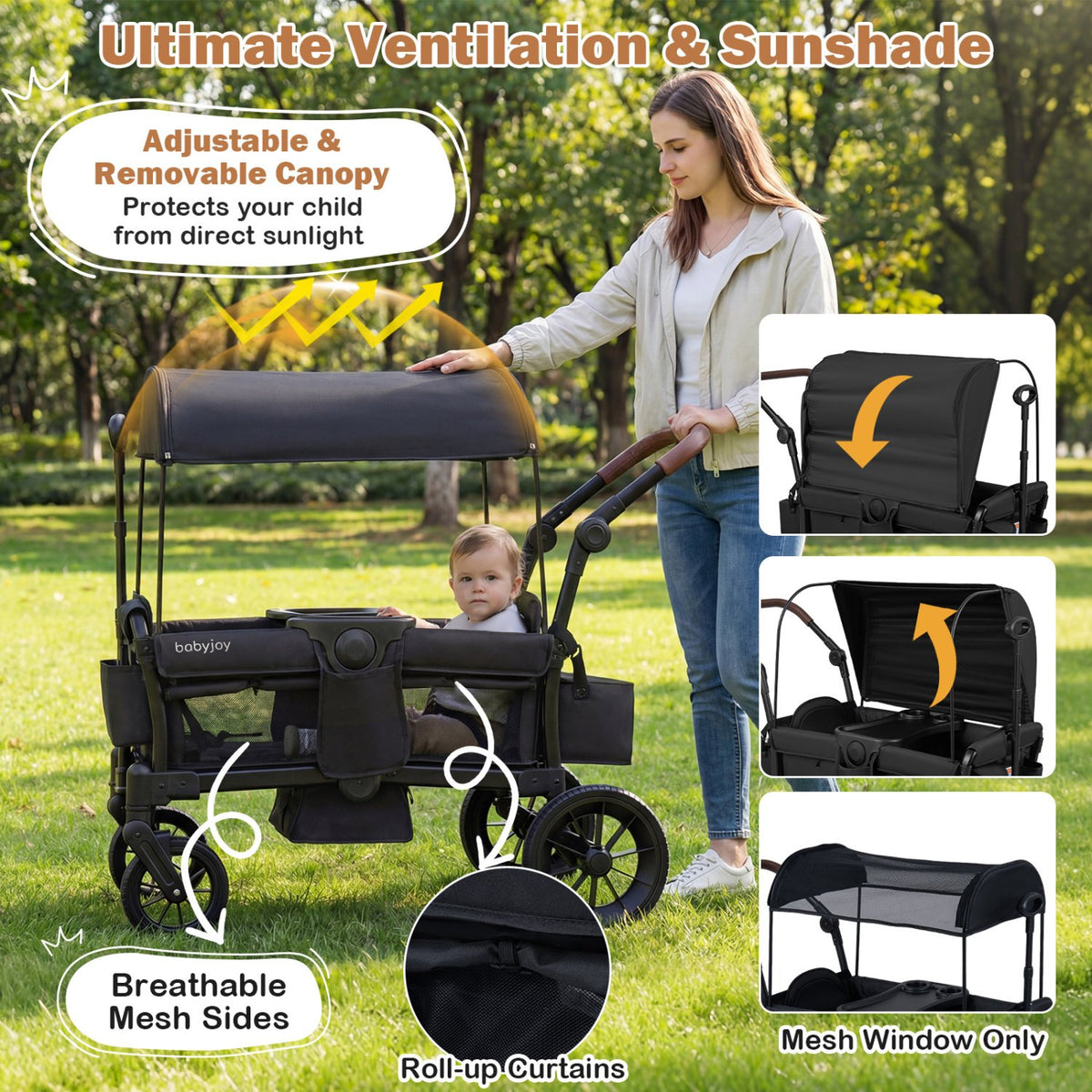 Foldable Wagon Stroller for 2 Kids Double Seater Toddler Stroller with Removable Canopy-Black view 6