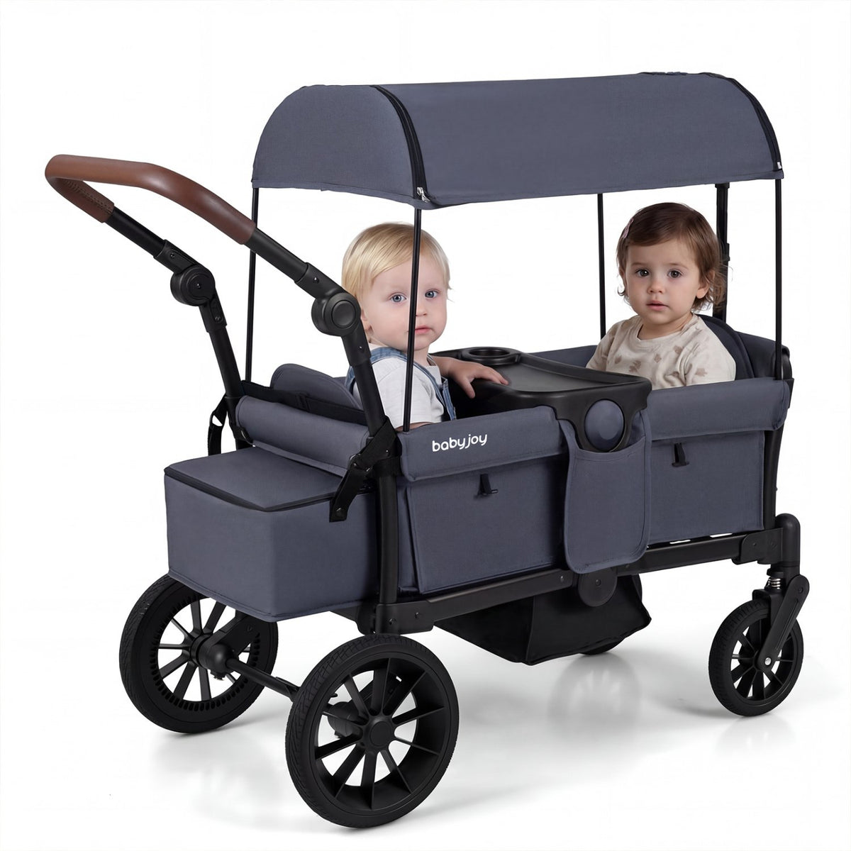 Foldable Wagon Stroller for 2 Kids Double Seater Toddler Stroller with Removable Canopy-Gray