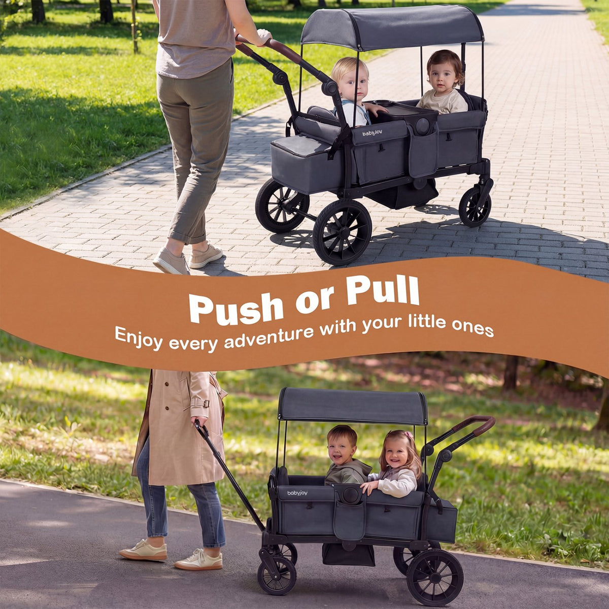 Foldable Wagon Stroller for 2 Kids Double Seater Toddler Stroller with Removable Canopy-Gray view 2