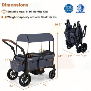 Foldable Wagon Stroller for 2 Kids Double Seater Toddler Stroller with Removable Canopy-Gray view 3