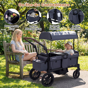 Foldable Wagon Stroller for 2 Kids Double Seater Toddler Stroller with Removable Canopy-Gray view 4