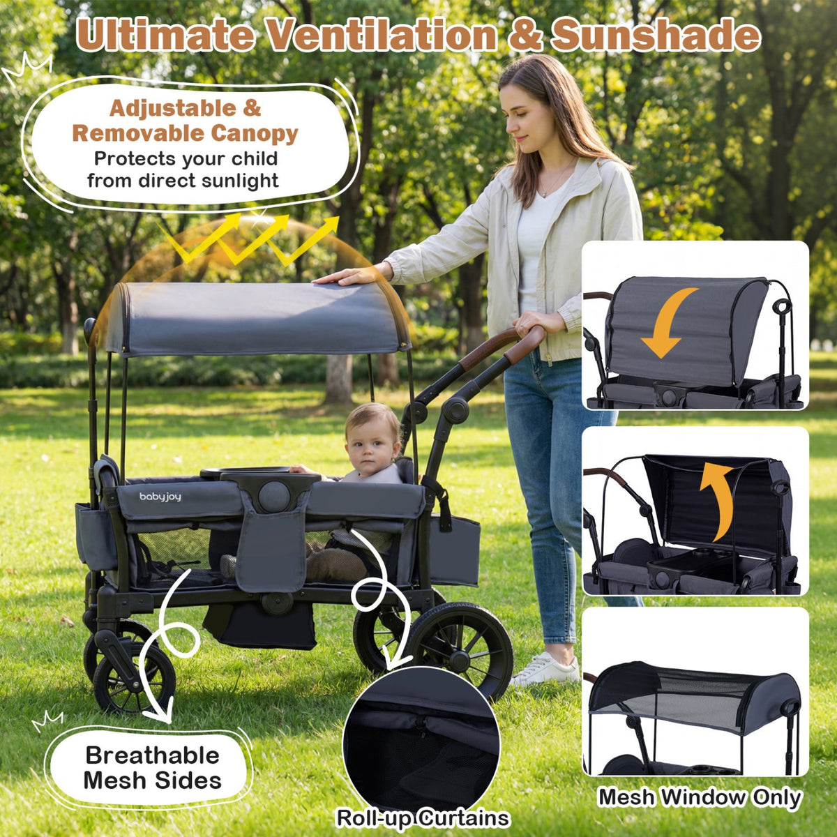 Foldable Wagon Stroller for 2 Kids Double Seater Toddler Stroller with Removable Canopy-Gray view 6