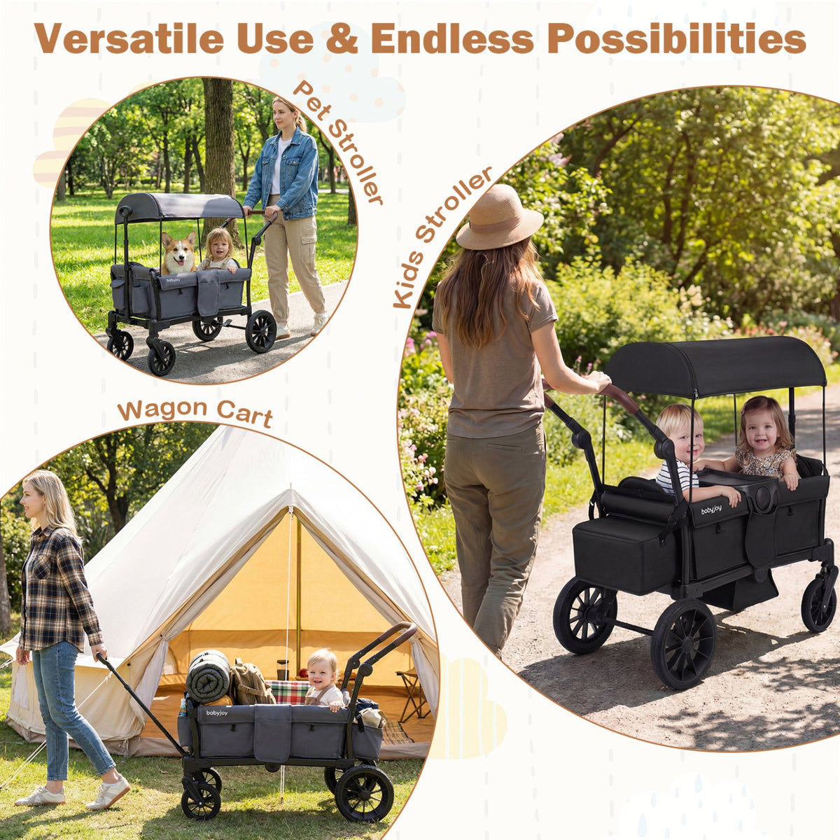 Foldable Wagon Stroller for 2 Kids Double Seater Toddler Stroller with Removable Canopy-Gray view 9