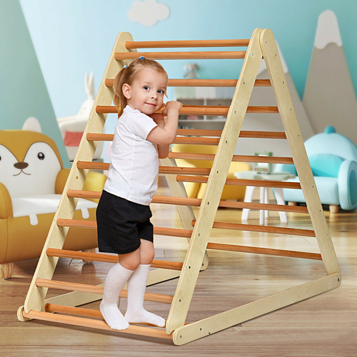 Foldable Wooden Climbing Triangle Indoor with Ladder for Toddler Baby-Natural view 2