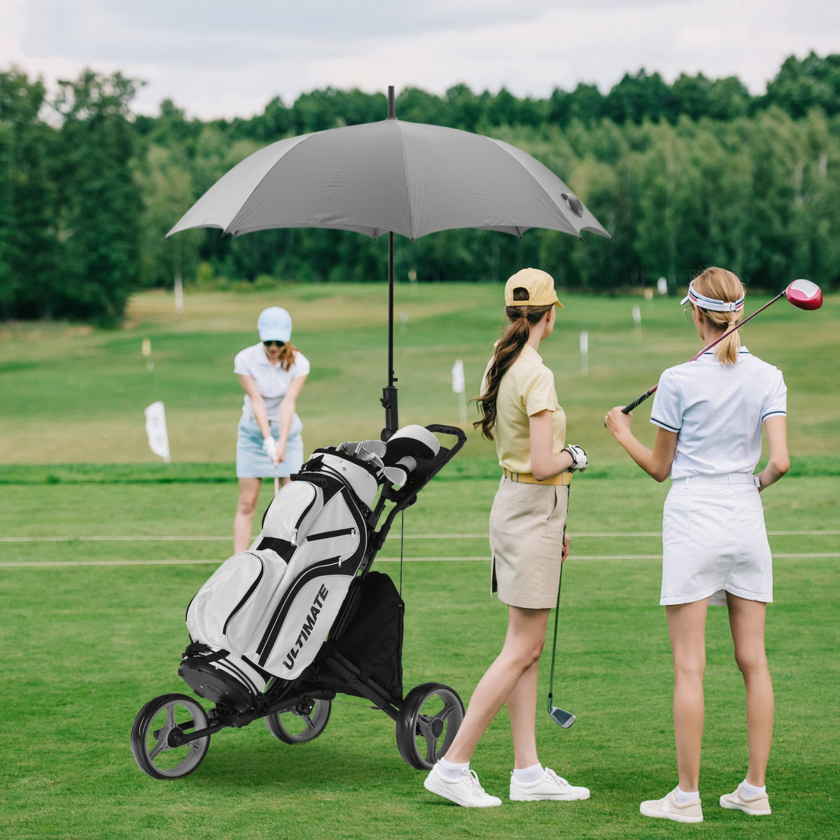 Folding 3 Wheels Golf Push Cart with Bag Scoreboard Adjustable Handle-Gray view 2