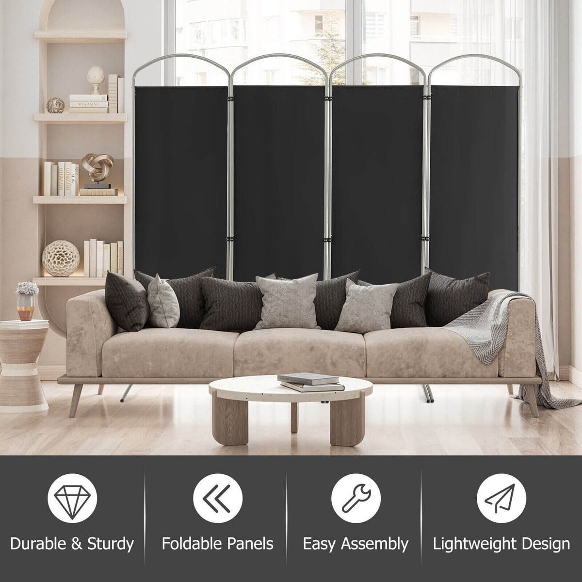 Folding 4-Panel Room Divider for Home Office Living Room-Black view 6