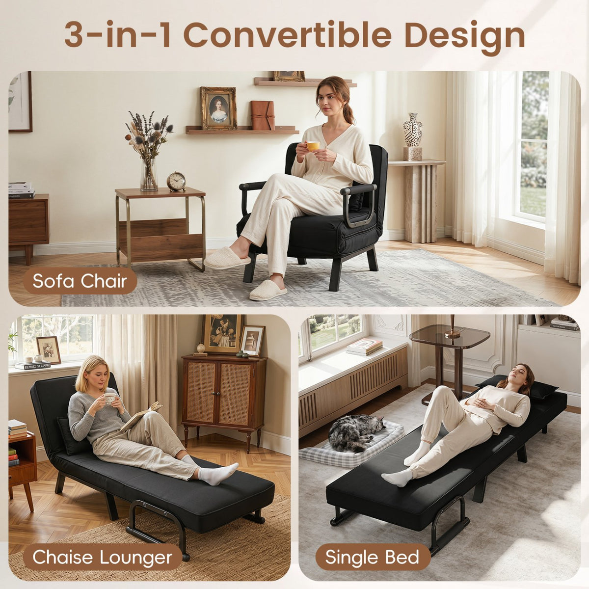 Folding 6 Position Convertible Sleeper Bed Armchair Lounge Couch with Pillow-Black view 7