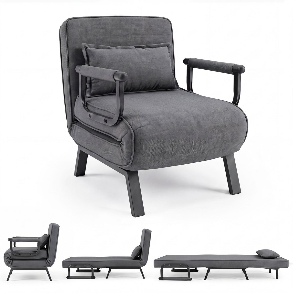 Folding 6 Position Convertible Sleeper Bed Armchair Lounge Couch with Pillow-Gray