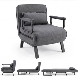 Folding 6 Position Convertible Sleeper Bed Armchair Lounge Couch with Pillow-Gray