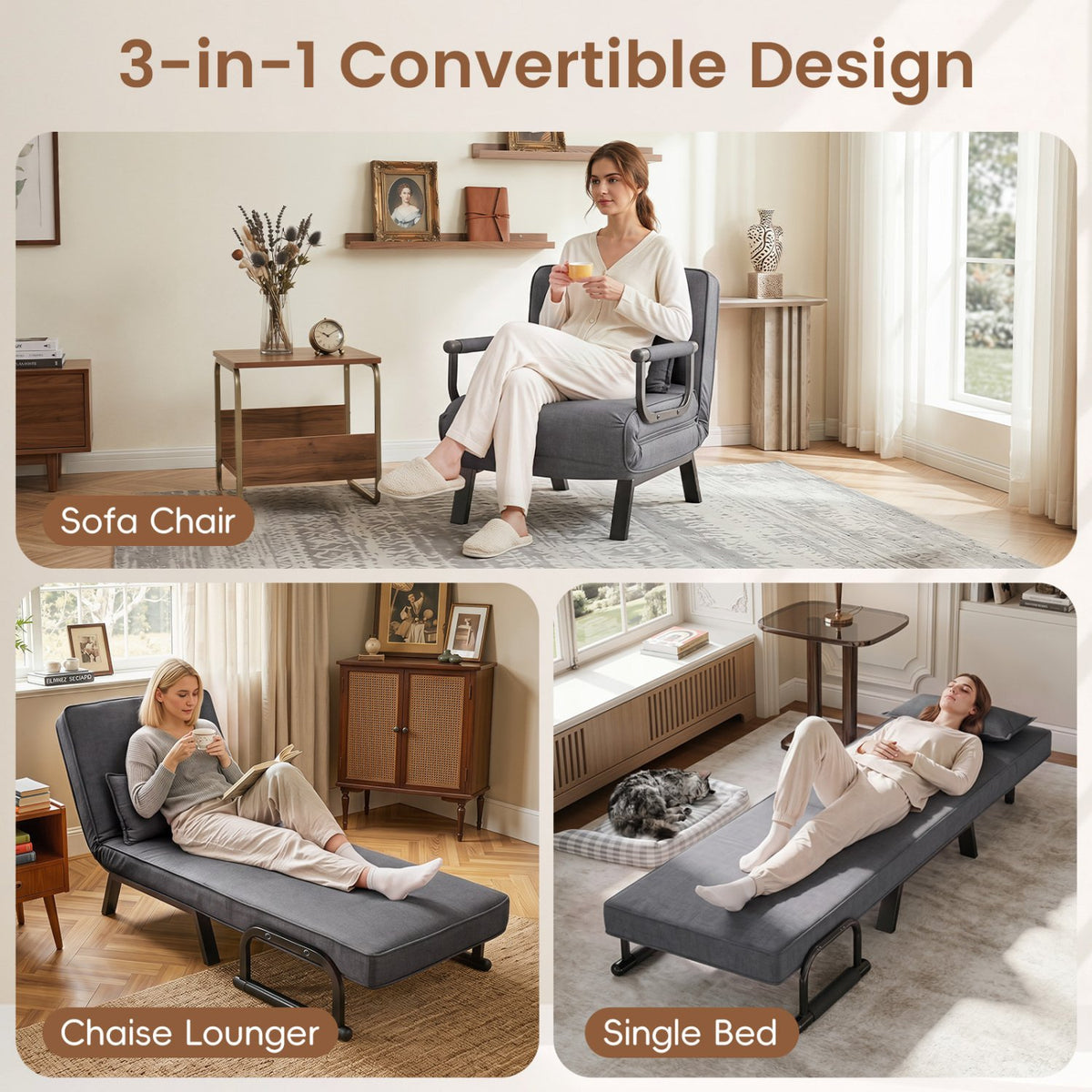 Folding 6 Position Convertible Sleeper Bed Armchair Lounge Couch with Pillow-Gray view 7