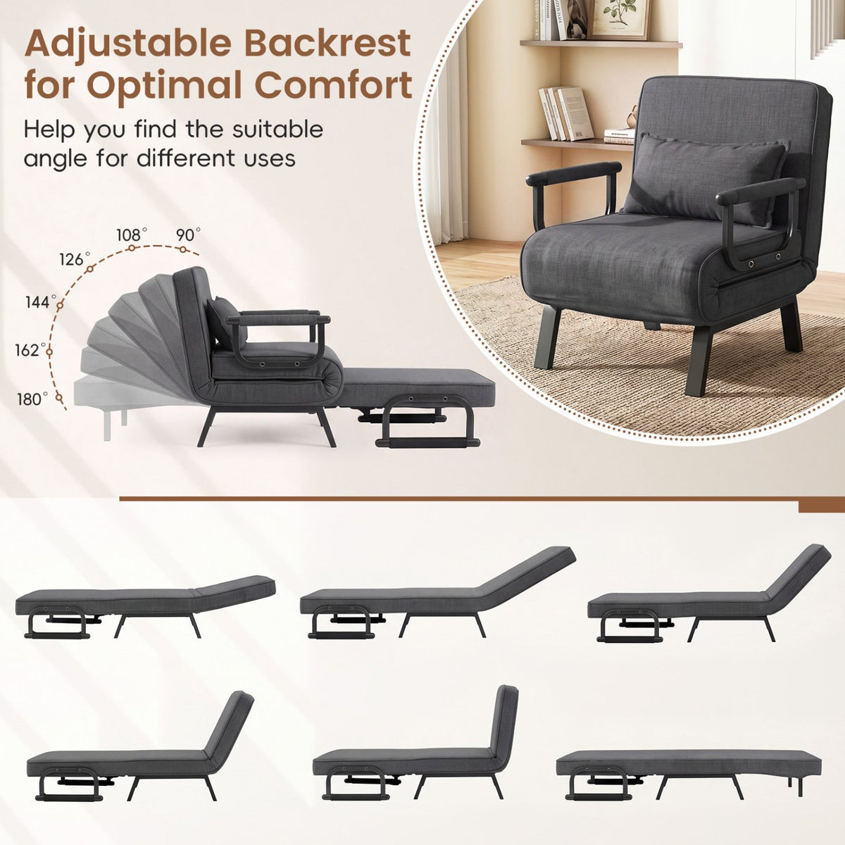 Folding 6 Position Convertible Sleeper Bed Armchair Lounge Couch with Pillow-Gray view 8