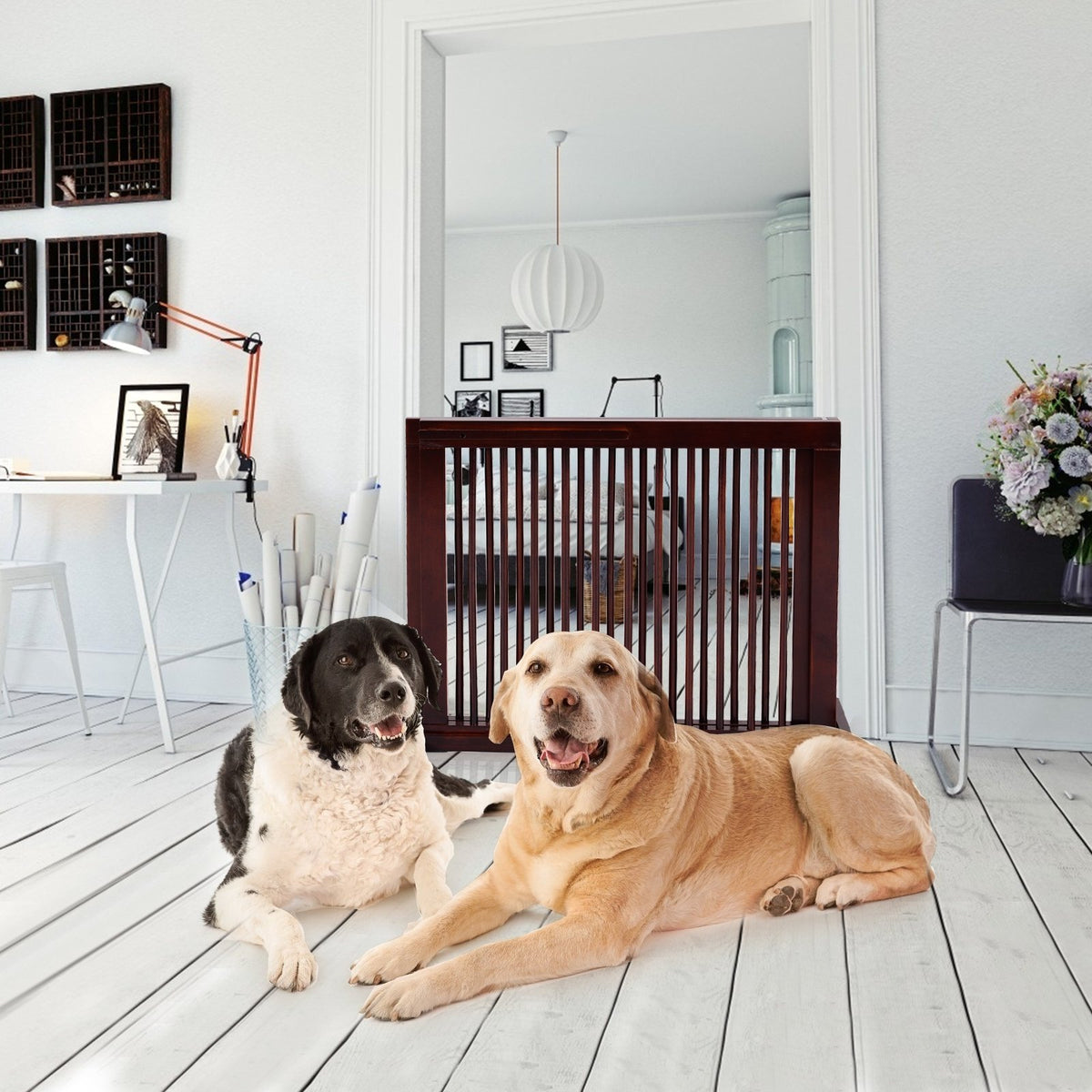Folding Adjustable Free Standing 3 Panel Wood Fence-Brown view 2