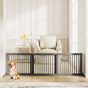 Folding Adjustable Free Standing 3 Panel Wood Fence for Dogs-Gray view 2
