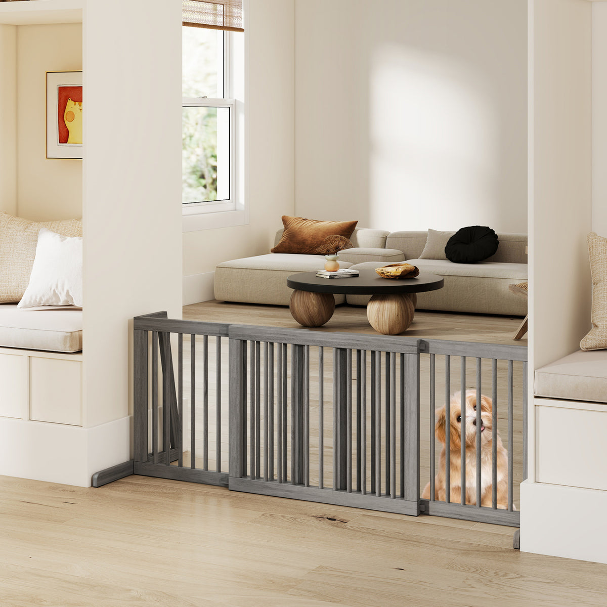 Folding Adjustable Free Standing 3 Panel Wood Fence for Dogs-Gray view 3