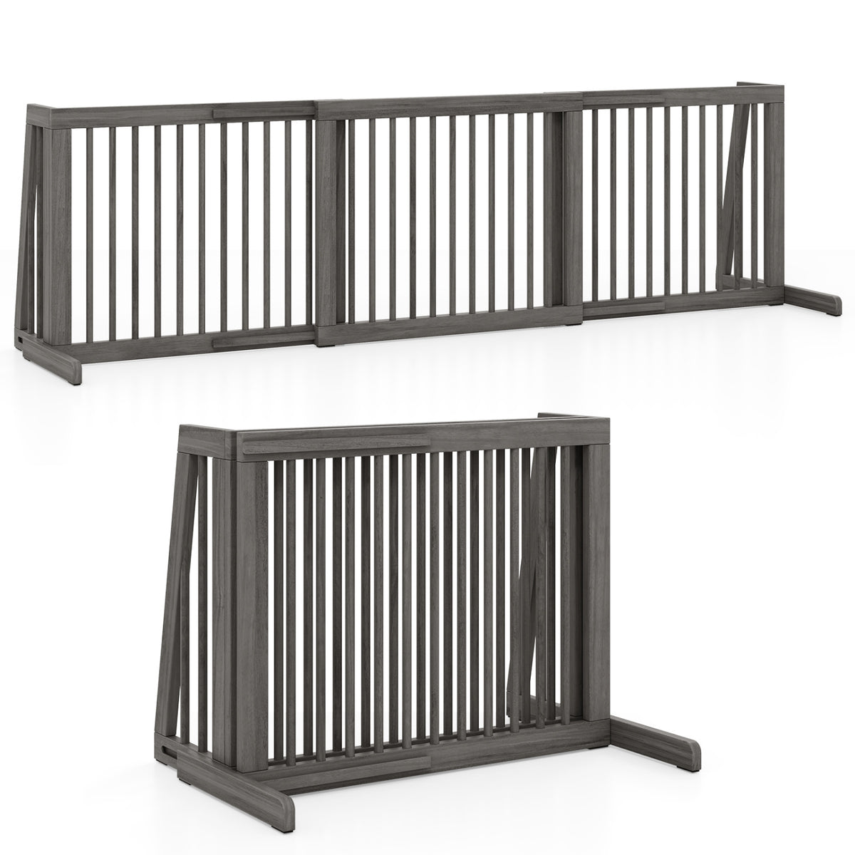 Folding Adjustable Free Standing 3 Panel Wood Fence for Dogs-Gray view 4