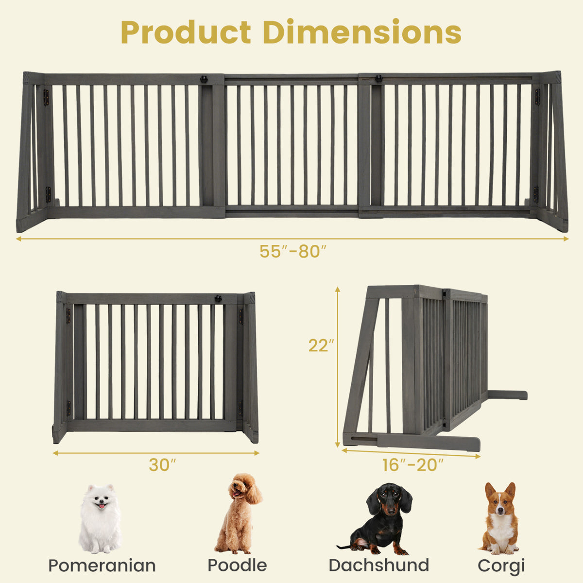 Folding Adjustable Free Standing 3 Panel Wood Fence for Dogs-Gray view 5