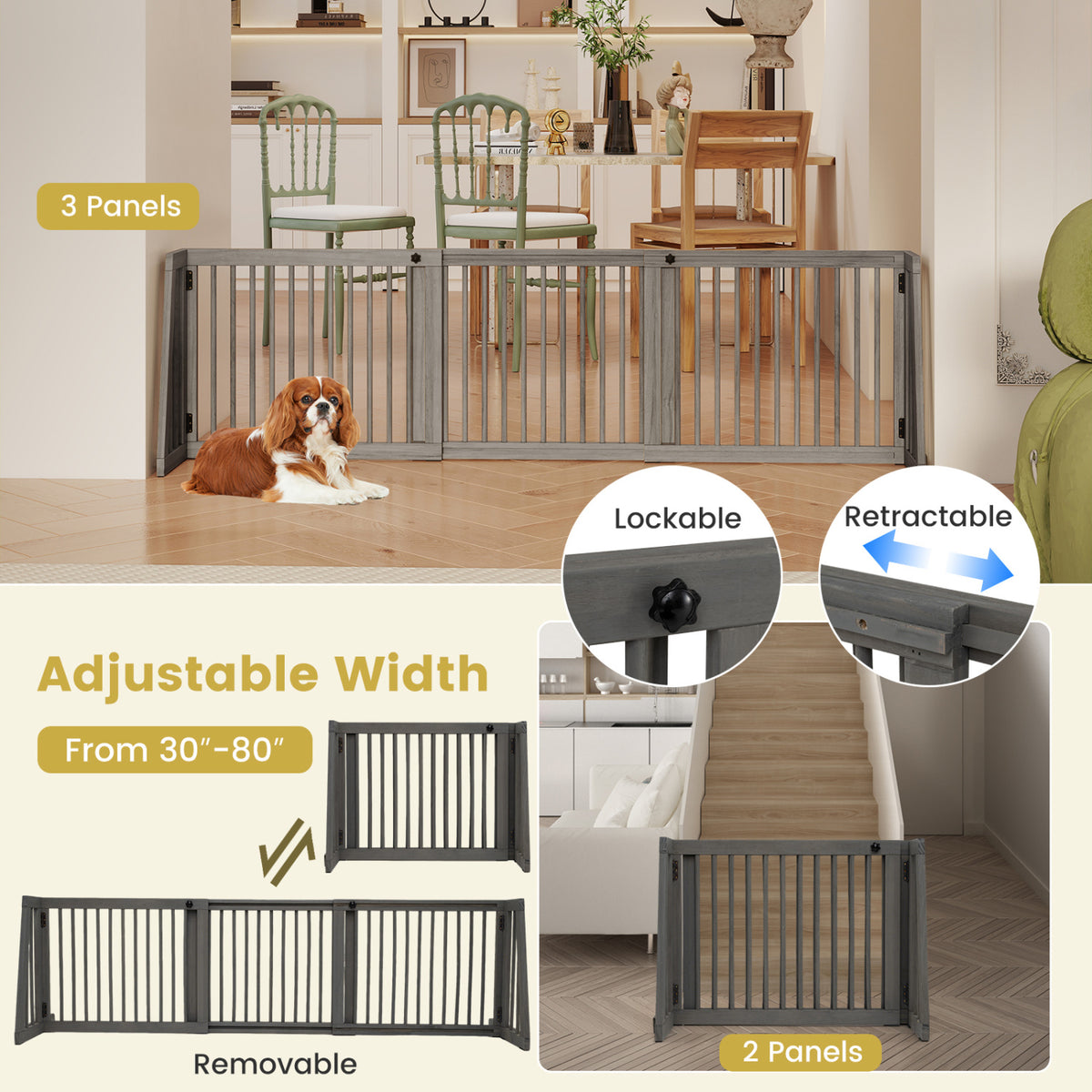 Folding Adjustable Free Standing 3 Panel Wood Fence for Dogs-Gray view 6