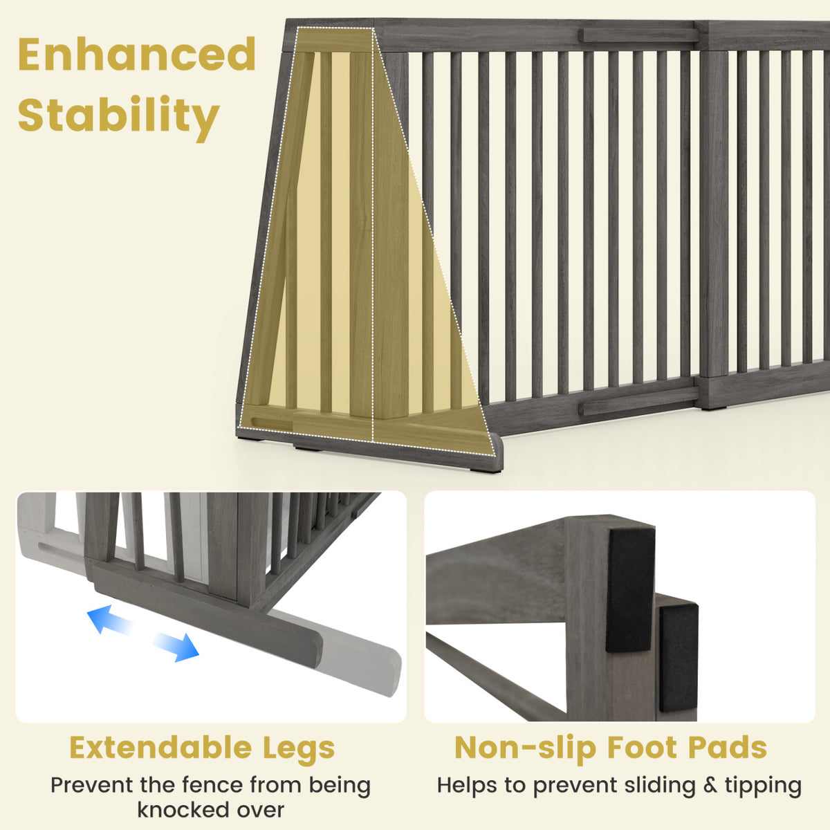 Folding Adjustable Free Standing 3 Panel Wood Fence for Dogs-Gray view 8