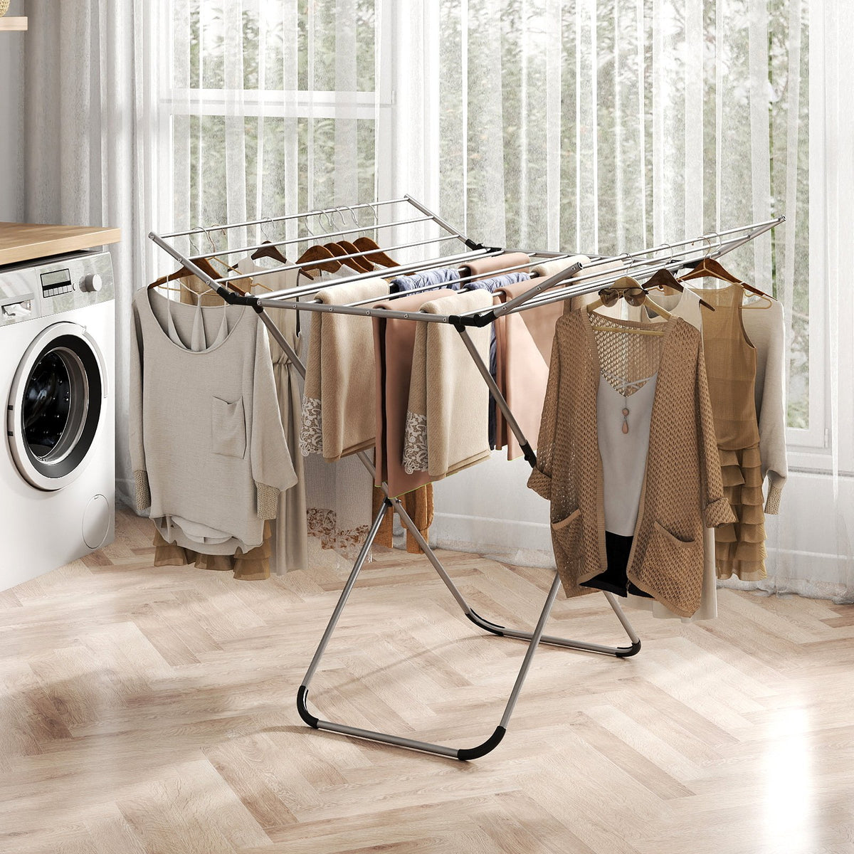 Folding Aluminum Clothes Drying Rack with 2 Side Wings view 3