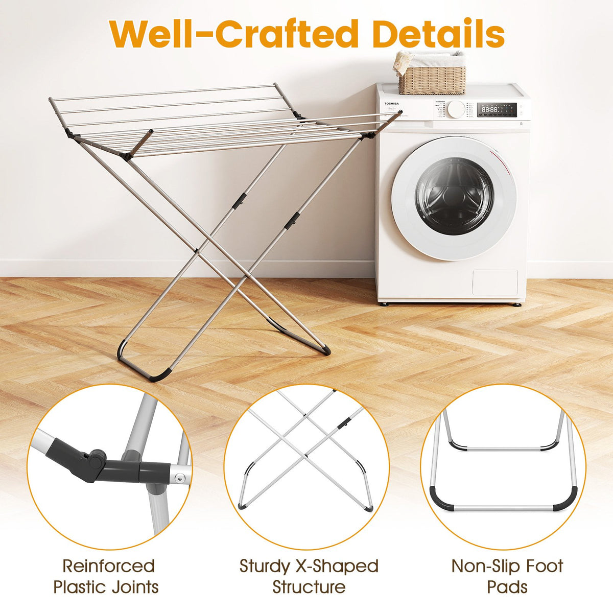 Folding Aluminum Clothes Drying Rack with 2 Side Wings view 7