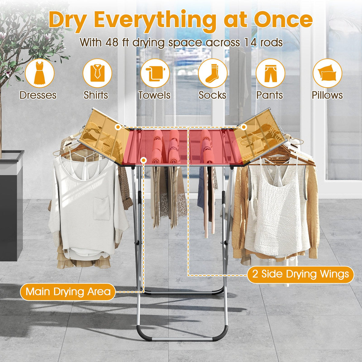 Folding Aluminum Clothes Drying Rack with 2 Side Wings view 8