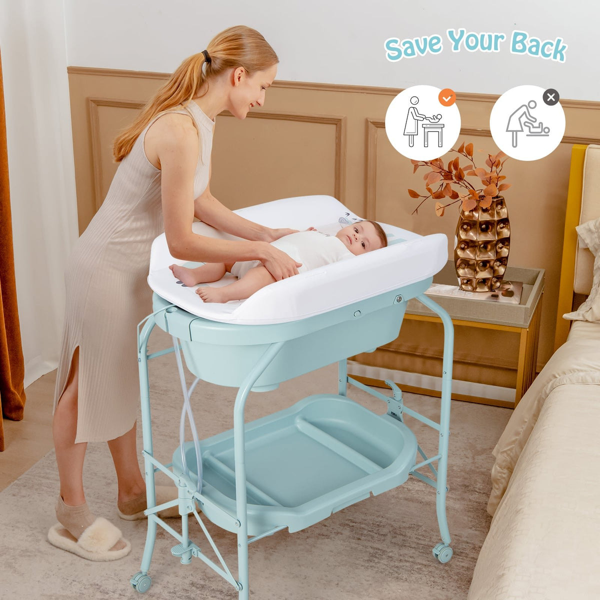 Folding Baby Changing Table with Bathtub and 4 Universal Wheels-Blue view 2