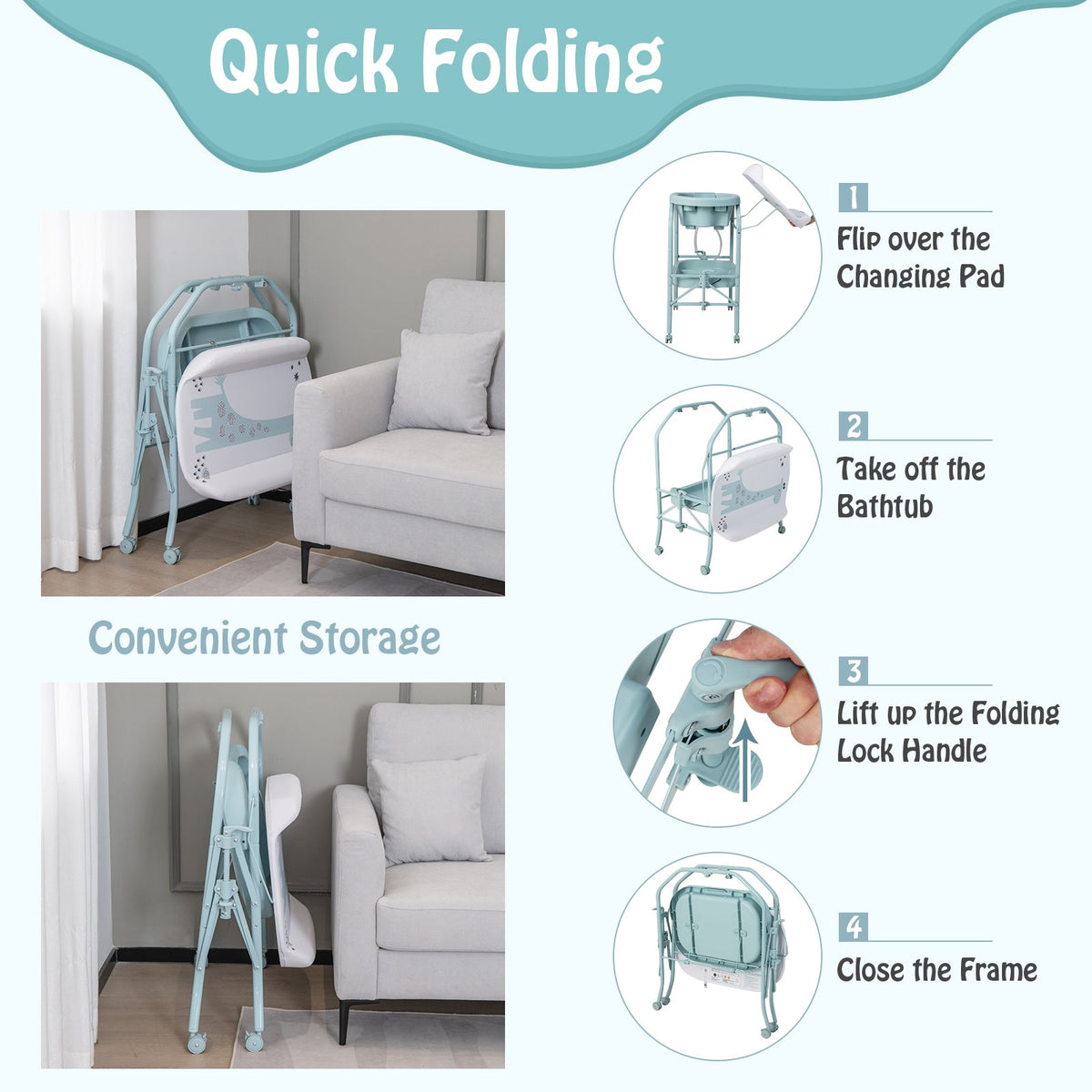 Folding Baby Changing Table with Bathtub and 4 Universal Wheels-Blue view 8