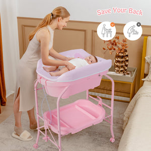 Folding Baby Changing Table with Bathtub and 4 Universal Wheels-Pink view 2