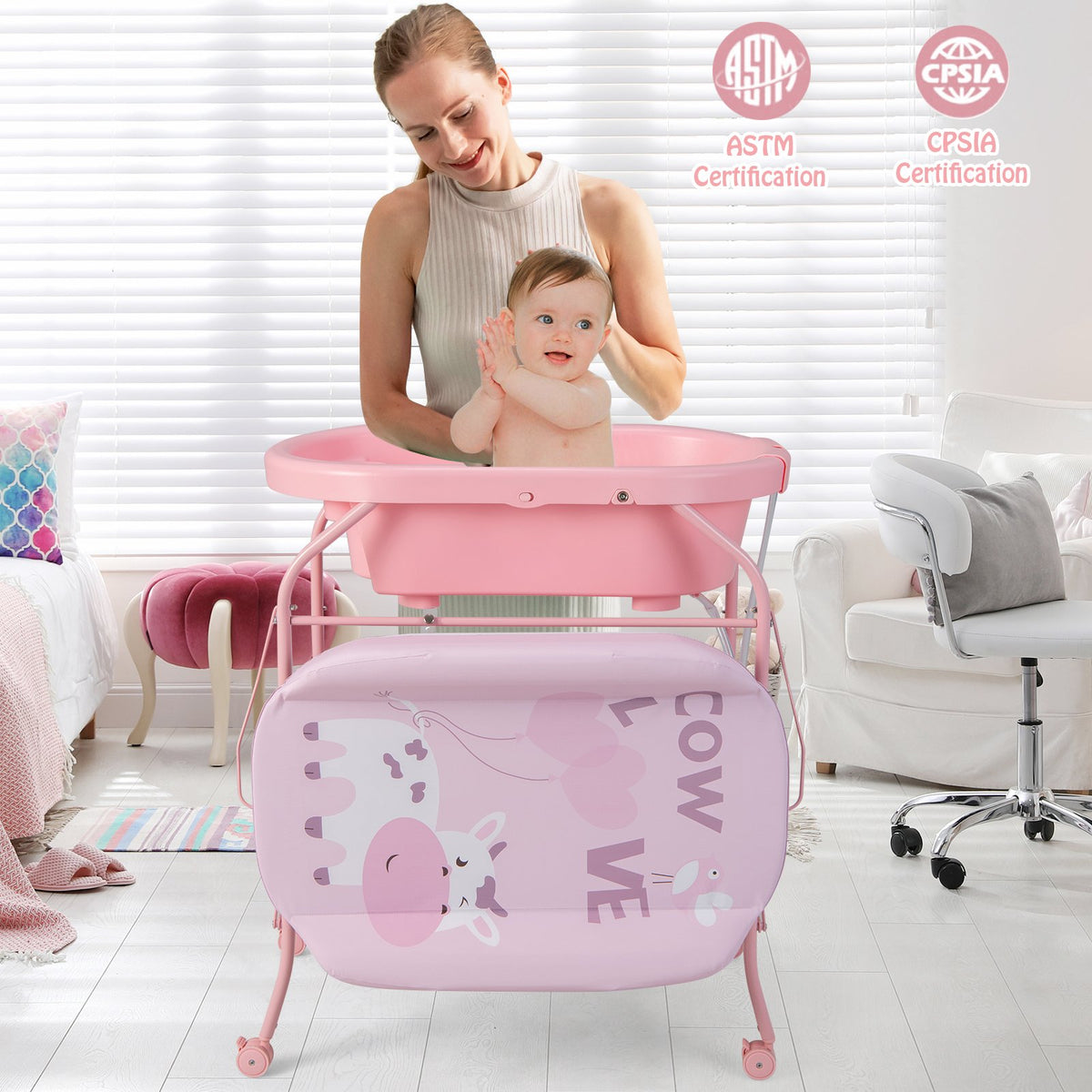 Folding Baby Changing Table with Bathtub and 4 Universal Wheels-Pink view 3
