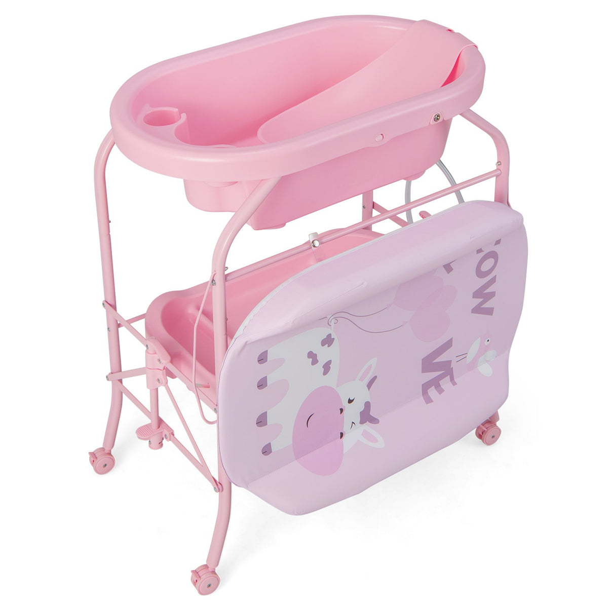 Folding Baby Changing Table with Bathtub and 4 Universal Wheels-Pink view 4