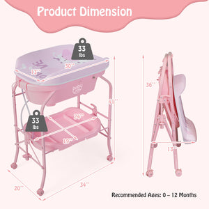 Folding Baby Changing Table with Bathtub and 4 Universal Wheels-Pink view 5