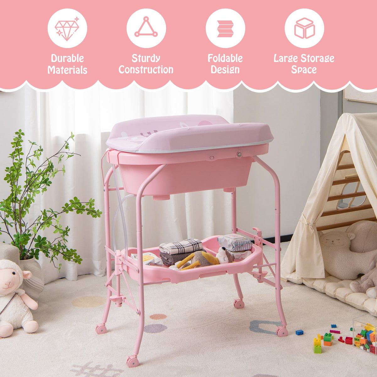 Folding Baby Changing Table with Bathtub and 4 Universal Wheels-Pink view 6