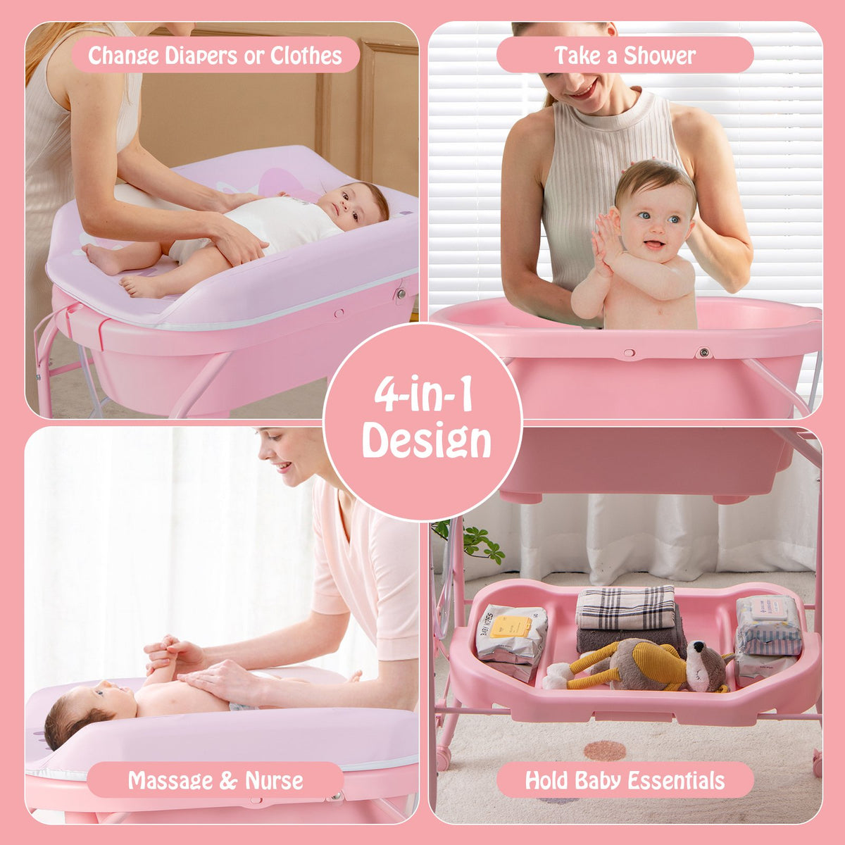 Folding Baby Changing Table with Bathtub and 4 Universal Wheels-Pink view 7