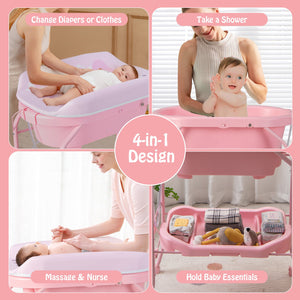 Folding Baby Changing Table with Bathtub and 4 Universal Wheels-Pink view 7
