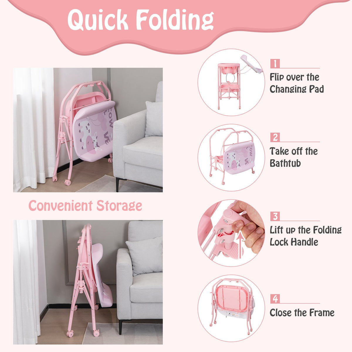 Folding Baby Changing Table with Bathtub and 4 Universal Wheels-Pink view 8