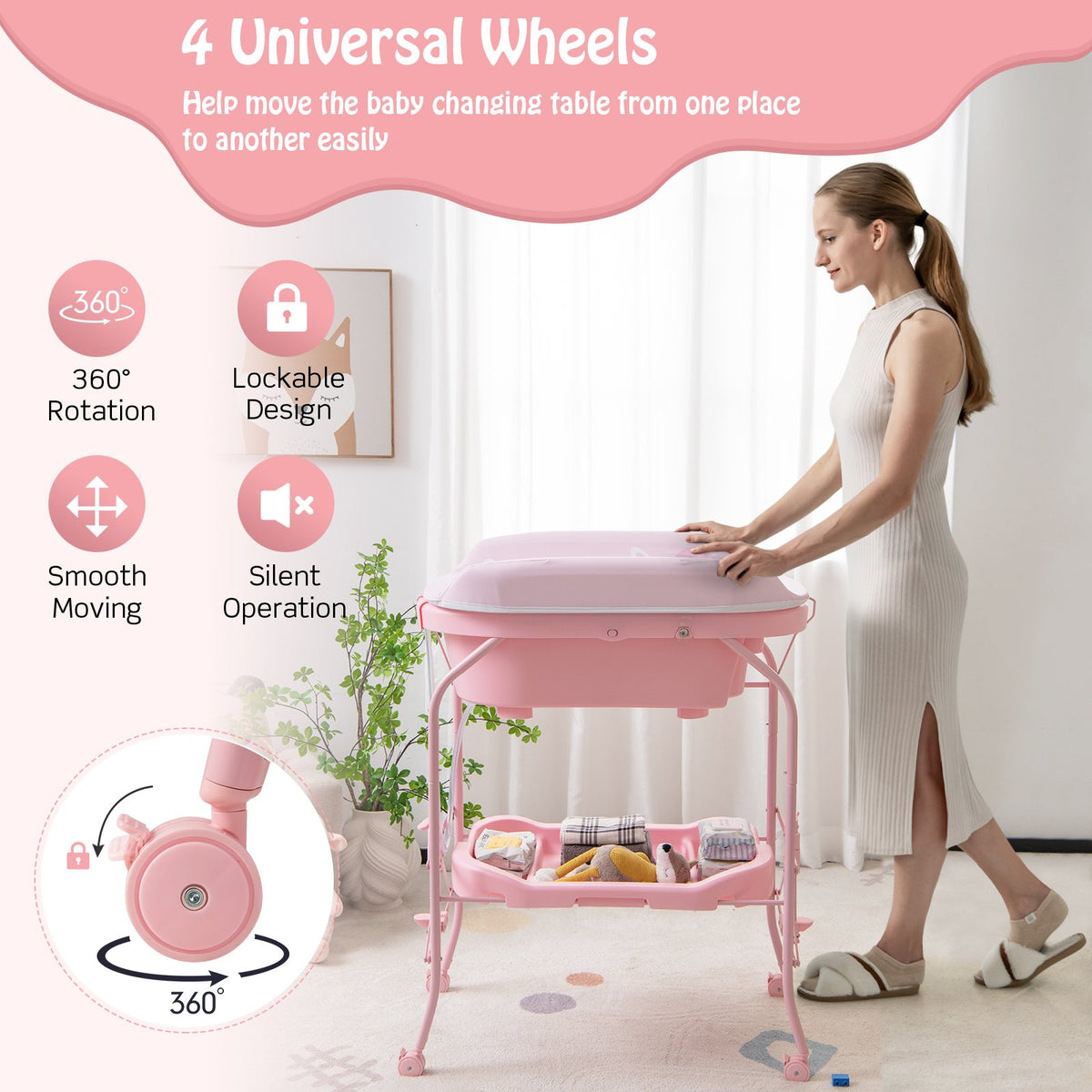 Folding Baby Changing Table with Bathtub and 4 Universal Wheels-Pink view 9