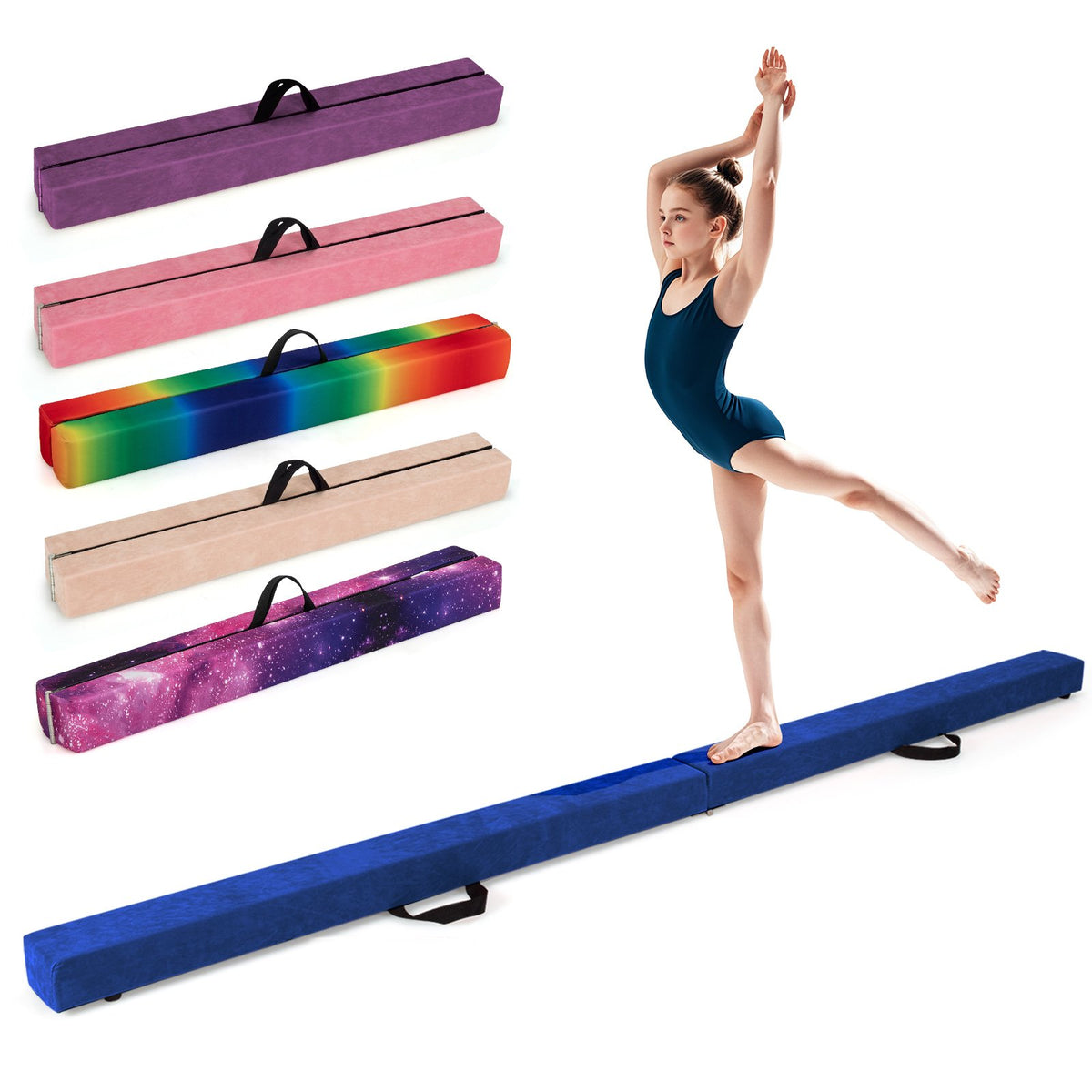 Folding Balance Beam with Solid Wood Base and Anti-slip Bottom-Blue