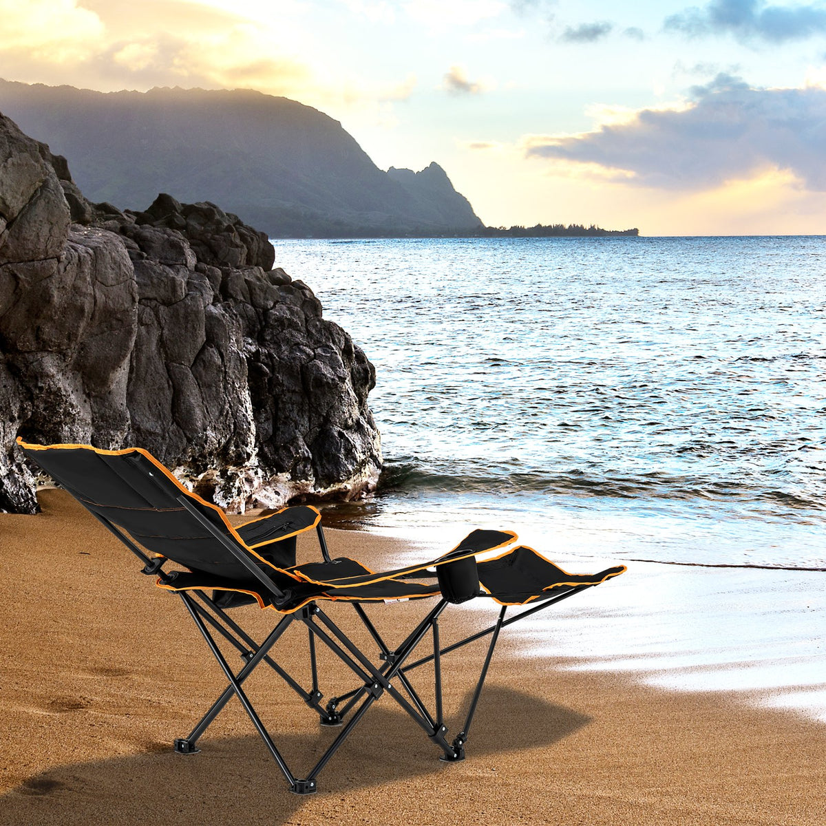 Folding Camping Chair with Footrest Camping Lounge Chair with Carry Bag-Black view 3